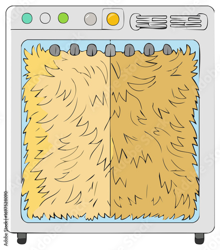 Funny yellow monster stuck inside a washing machine cartoon illustration