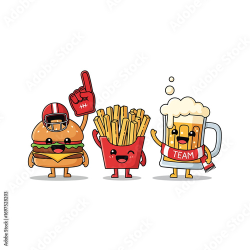 Cute cartoon fast food friends, a burger, fries, and beer, cheering for a football game with a foam finger and team scarf.