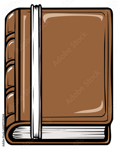Brown leather bound book with white ribbon bookmark illustration. Cartoon style