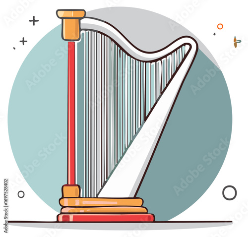 Cartoon Illustration of a Classic Harp Musical Instrument with String Details