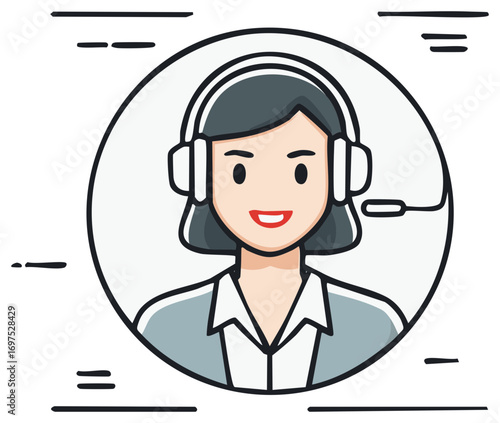 Smiling female customer support agent wearing a headset with a microphone vector icon