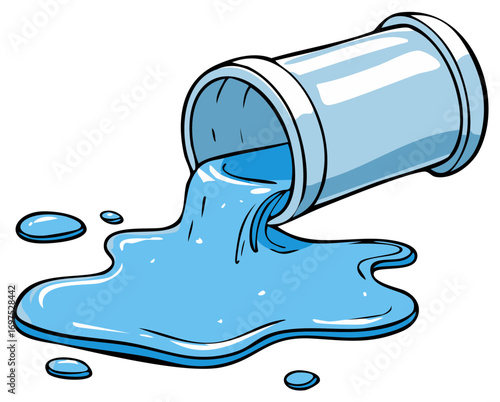 Cartoon Style Drain Pipe Spilling Blue Liquid with Splashes on a White Background