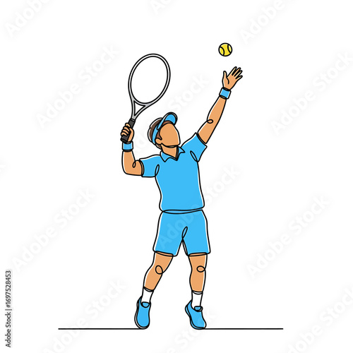 Dynamic continuous line art of a male tennis player in blue serving a yellow tennis ball.