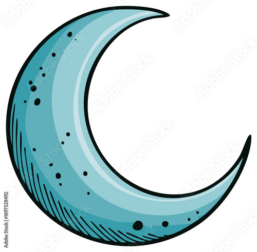 Blue crescent moon cartoon illustration with craters and hand drawn sketch lines