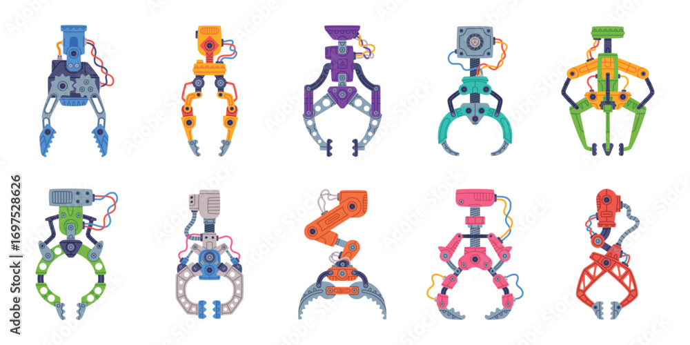 Fototapeta premium Mechanical Grips and Grabbing Machine Robotic Tool Vector Set