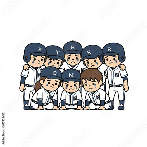 A team of young cartoon baseball players, boys and a girl, crying and consoling each other in defeat.