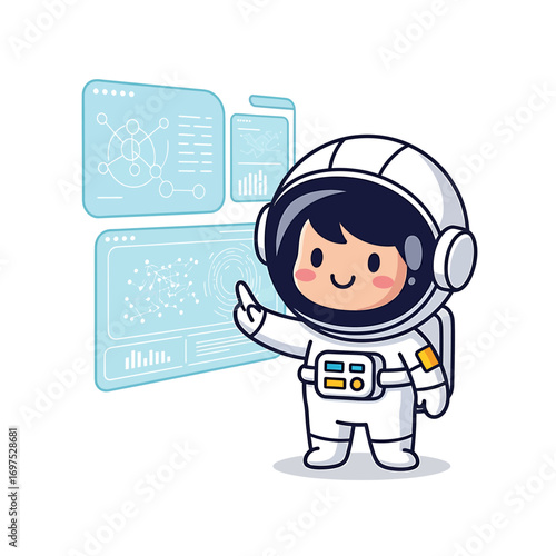 Cute astronaut girl interacting with futuristic holographic displays.