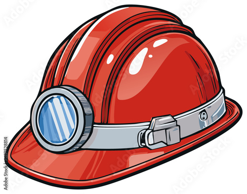 Vibrant red hard hat with an attached headlamp, symbolizing safety and labor protection equipment.