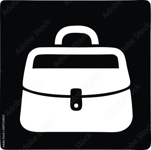 Simple graphic icon of a white briefcase or messenger bag on a square black backdrop symbolizing business or travel essentials
