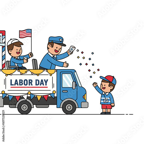 A cheerful Labor Day parade float with people distributing candy to a child.