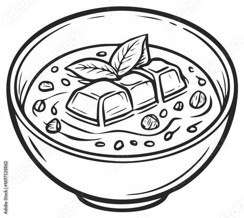 Delicious food soup with cubes and basil leaves in a bowl doodle art