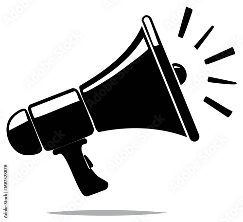 Black and white megaphone illustration with sound effect elements, graphic design