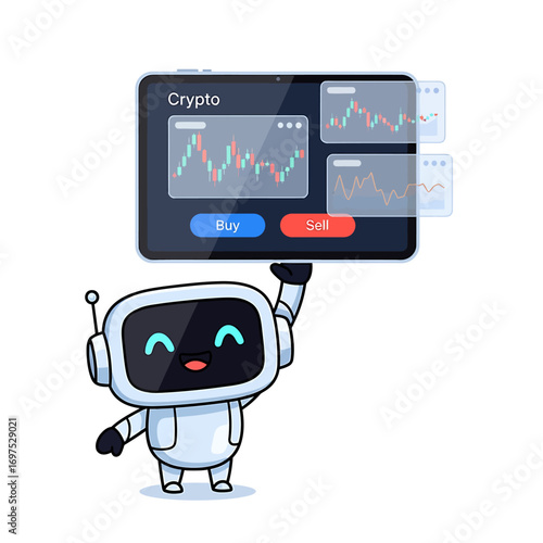 A cute cartoon robot holds a tablet displaying a cryptocurrency trading app with charts and buy/sell buttons.
