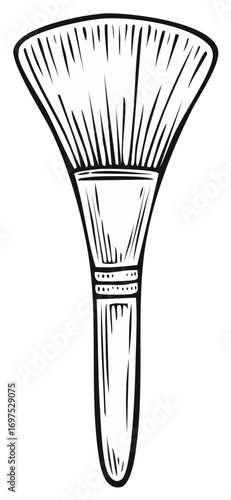 Hand drawn black and white illustration of a cosmetic fan makeup brush.