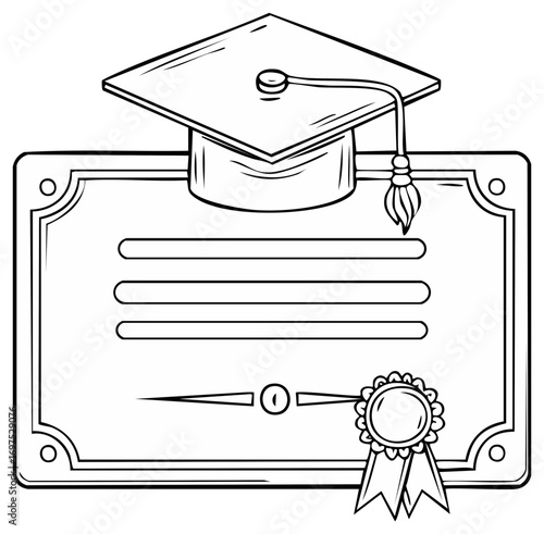 Graduation Cap on Certificate with Decorative Ribbon Outline Vector