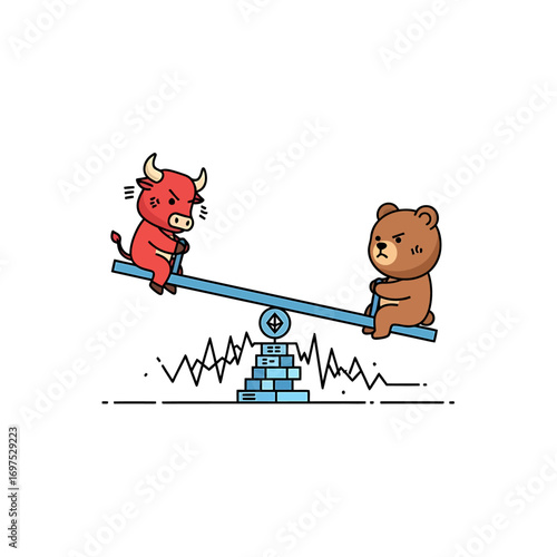 A cartoon bull and bear battle on a seesaw balanced on coins, symbolizing stock market volatility.