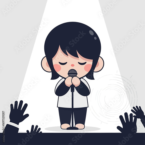 A cute cartoon character sings passionately into a microphone on stage under a spotlight, with an audience cheering.