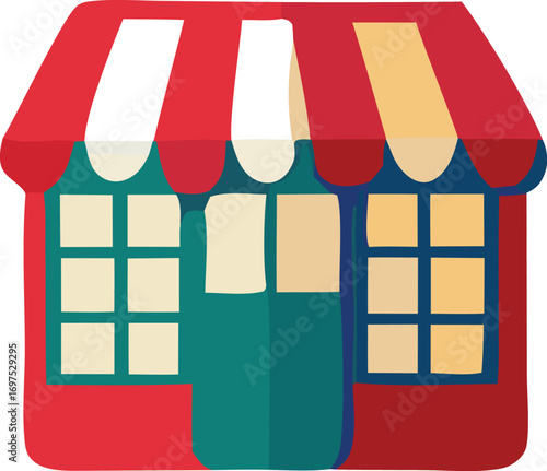 Charming colorful storefront facade with red awning and green doors representing business and commerce