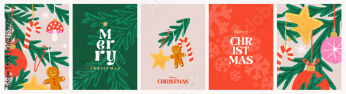 Merry Christmas and Happy New Year greeting card Set. Modern beautiful Xmas design with typography, Christmas tree, fir branches, balls and toys, snowflake pattern. Art banner, poster, cover templates