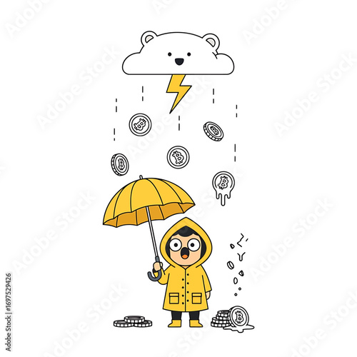 A cute cartoon character in a yellow raincoat holding an umbrella while coins rain down from a stormy cloud.