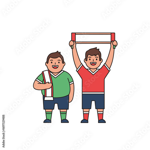Two cartoon soccer fans, one holding a banner, the other a scarf, celebrating a victory.