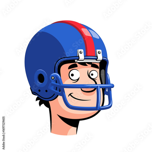 Cartoon illustration of a smiling boy wearing a blue and red football helmet.