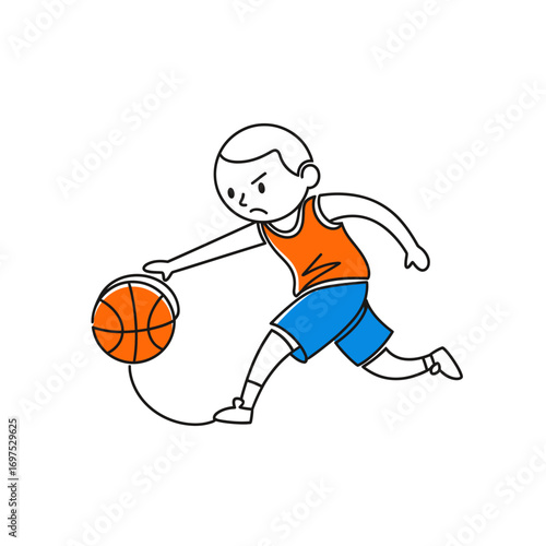 A cartoon illustration of a boy playing basketball, dribbling the ball while in motion.
