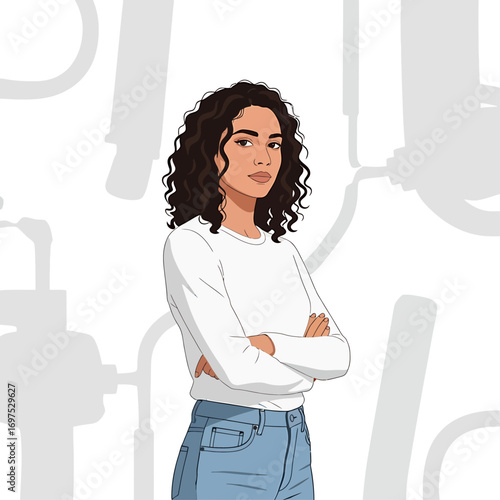 Young woman with arms crossed, graphic design, style.