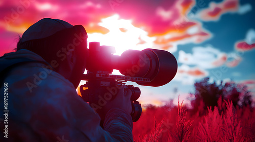 Man with camera taking a picture in nature with colorful sky.