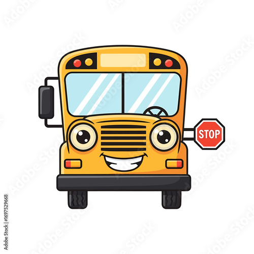 Cartoon school bus with happy expression and stop sign.