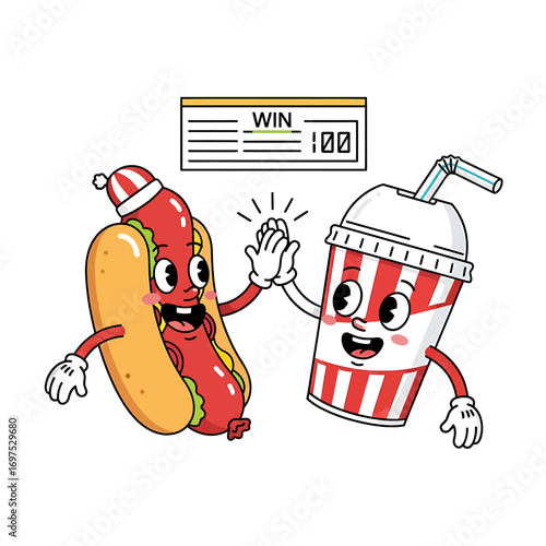 Cartoon hot dog and soda giving high five, celebrating a win.