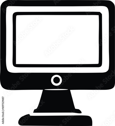 Simple silhouette icon of a desktop computer monitor with a stand and a power button representing technology and digital devices for websites and apps