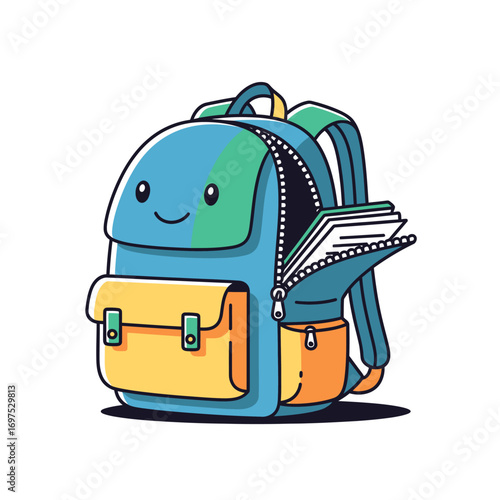 A cute cartoon backpack character with a smiling face, its zipper open to reveal books and notebooks inside.