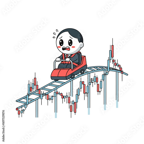 A distressed cartoon businessman rides a roller coaster track made of stock market candlestick charts, illustrating financial volatility and market anxiety.