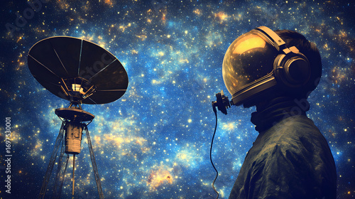 Astronaut with helmet and satellite against a starry galaxy background.