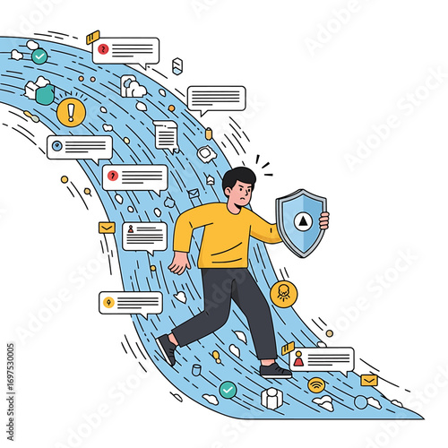Man running uphill, overcoming challenges represented by a stream of negative feedback.
