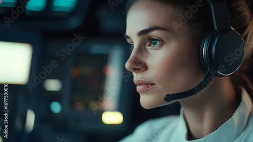 Woman with headset looks focused in a dark room with computer screens.