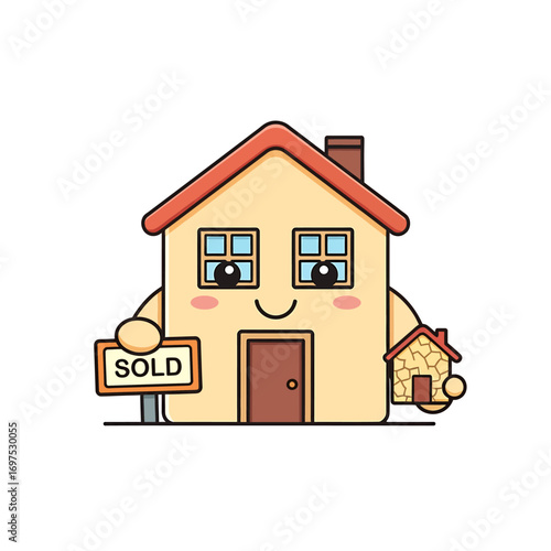 Cartoon house character holding a "SOLD" sign and a miniature house, smiling.