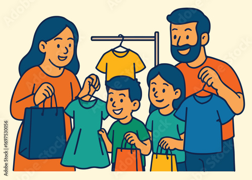 family shopping in cloth store