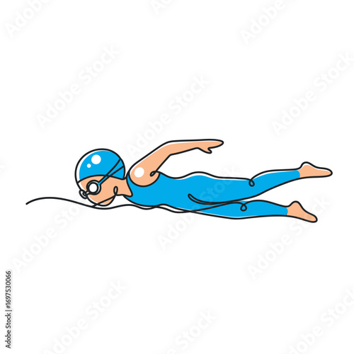 A single-line illustration of a swimmer in a blue swimsuit gliding through water.
