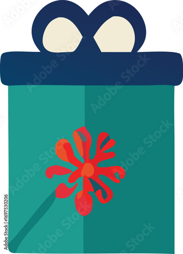 Vibrant teal gift box with red ribbon and blue bow perfect for celebrations and special occasions generous present wrapped elegantly