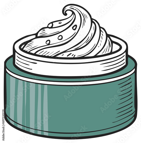 Illustration of a vintage green jar of whipped cream for a cosmetic product.