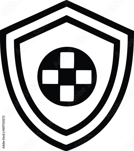 Symbol of protection security and health care featuring a shield with a central cross and checkered pattern emblem