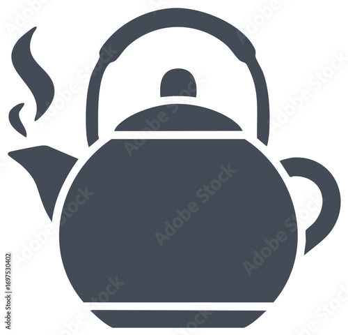 Steaming dark grey kettle icon emitting wisps of steam from its spout