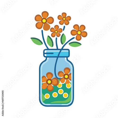 A simple and cute illustration of orange flowers in a blue glass vase, isolated on a white background