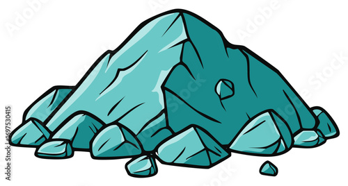 Cartoon Illustration of Turquoise Mountain Pile Surrounded by Rocks