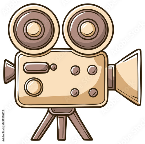 Cartoon style antique film camera on tripod with double reels