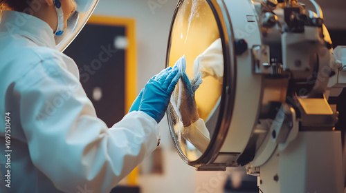 Person in lab coat and gloves working with scientific equipment in a laboratory.