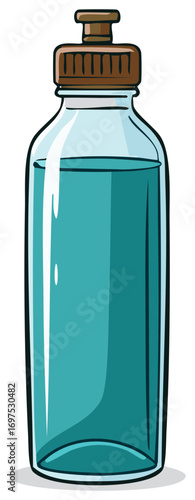 Cartoon style illustration of a water bottle with brown cap and blue liquid