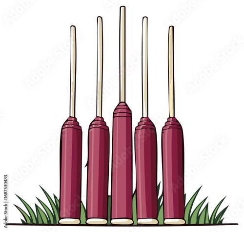 Stylized illustration of five tall vertical objects with red bases and grass